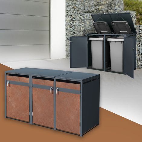ML-Design Cobertizo de Exterior para 3 Cubos de Basura de 240L 200x80x116,3 cm con Aspecto Oxidado Antracita Mueble Cubrecontenedor de Acero Resistente con Tapa y Puerta Abatible con Cerradura (1/5)