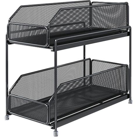 Pull Out Cabinet Organizer 2 Tier Carbon Steel Mesh Large Capacity Easy Maintenance Sliding Basket Drawer Black