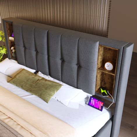 Einzelbett mit Kabellosem Laden USB C, Polsterbett Bettgestell ,Bettgestell mit Stauraum Lattenrost aus Holz-Natürlich Leinen (Ohne Matratze