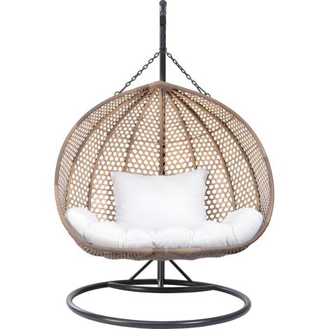 Poltrona sospesa 2 posti VAHINA in resina intrecciata beige e cuscino bianco (1/4)