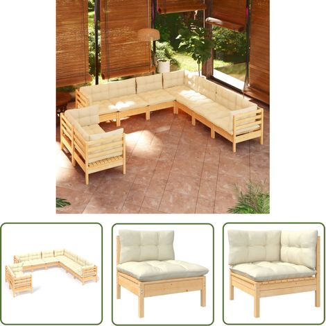 INLIFE Salon de jardin 9 pcs avec coussins crème Bois de pin massif (1/5)