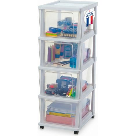 Iris Ohyama, Tour de Rangement Plastique à Roulettes, 4 Grands Tiroirs, Blanc, KMC-304