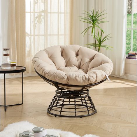 Poltrona Papasan girevole 360°, rattan PE, cuscino beige, acciaio marrone, 92 x 67 cm (1/5)