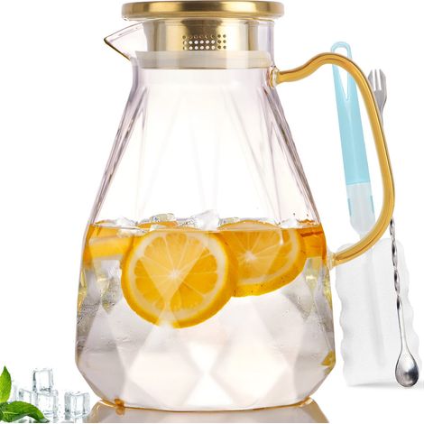 Pichet en verre de 2,2 litres avec couvercle, carafe à thé glacé pour réfrigérateur, grande carafe à eau pour jus, lait, boissons froides ou chaudes (1/5)