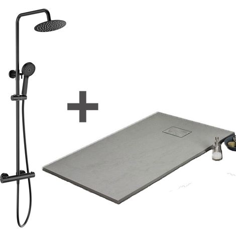Kit Piatto doccia ultrasottile 80 x 140 cm PIATTO Grigio + Colonna doccia termostatica Finitura nera opaca (1/5)