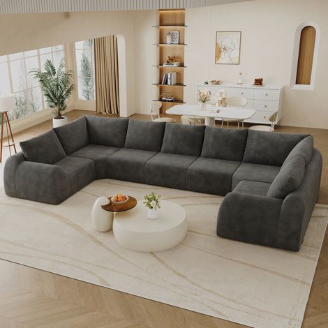 Canapé panoramique en U 7 places 411 cm - canapé compressé sans montage - mousse haute élasticité - tissu chenille - salon et appartement - Gris foncé