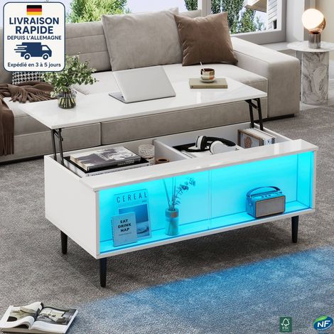 MODFU - Mesa de centro elevable con LED blanco y espacio de almacenamiento, mesa auxiliar de sofá brillante, 4 patas, 105 x 50 x 43 cm (1/5)