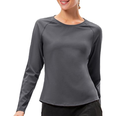 Haut de sport en peluche douce, manches longues, col rond, pour course, fitness et yoga, gris, pièce unique (1/5)