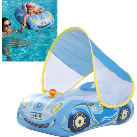 Aufblasbarer Autositz-Schwimmring für Kinder im Sportwagen-Design mit Sonnenschutz und Hupe, blau (1/5)