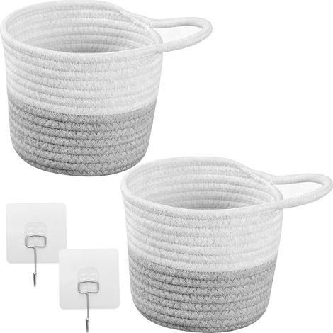 Juego de 2 cestas colgantes de cuerda de algodón trenzada con 2 ganchos - 15 x 16 cm - Cesta colgante de pared - Cesta de almacenamiento trenzada - Para cocina, salón, baño (blanco/gris)