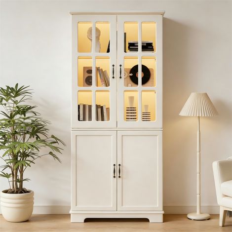 Buffet vitrine haute 80x38x180 cm 2 portes verre 2 pleines 5 niveaux rangement spacieux Landhaus style blanc solide pratique (1/5)