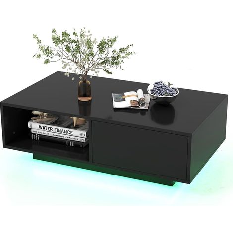 COSTWAY Mesa de Centro con 20 Colores de Luces LED, Mesa Moderna Rectangular con Control Remoto, Mesa Inteligente de Cóctel con Cajón y Estante Abierto, Mesa de Centro para la Sala de Estar (Negro) (1/5)