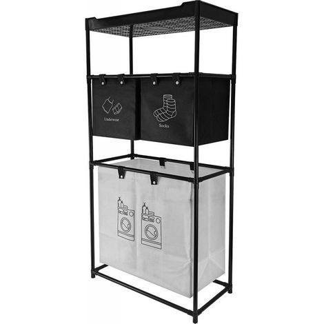 TrAdE Shop Traesio - Cesto Portabiancheria In Metallo Sacca In Tessuto A 3 Livelli Con 1 Ripiano Mensola 73348 - (1/5)