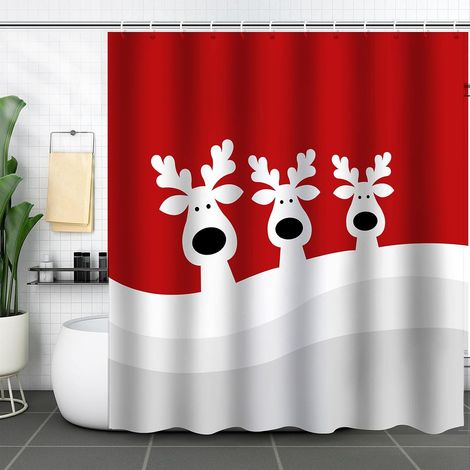 Cortina de ducha navideña con renos, 180x180 cm, decorativa e impermeable con 12 ganchos. (1/5)