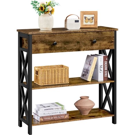 Yaheetech – Table console en bois MDF brun rustique – Dimensions 80x30x80 cm – 2 étagères de rangement – Design en X pour salon et couloir (1/5)