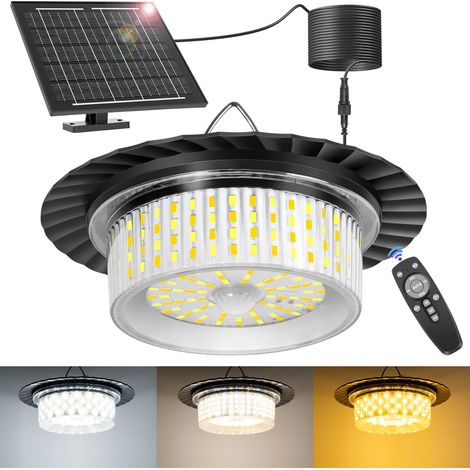 Lámpara solar para interiores y exteriores, 3 colores, con sensor de movimiento, 244 LED, iluminación de 360°, 3 modos, control remoto y temporizador, ideal para jardín, garaje y cenador. (1/5)