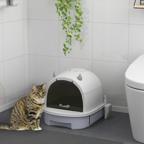 Katzenklo mit Deckel Katzentoilette mit Schaufel Bodenschublade Eingangspedal für Katzen bis 5 kg 40,5x52x39 cm Grau