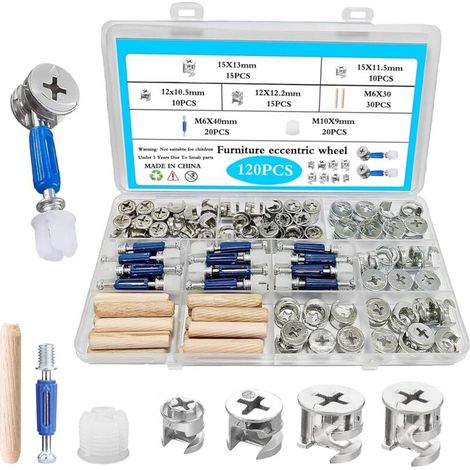 Juego de herrajes para muebles de 120 piezas: cerraduras de leva, levas excéntricas, tuercas, pernos, tacos de madera, sujetadores y conectores multifuncionales para ensamblaje y reparación. (1/4)