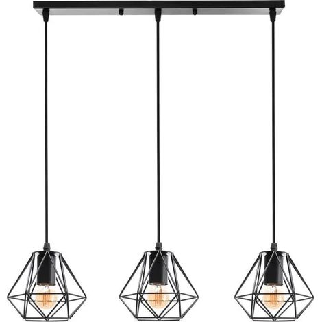 U-DO Lustre Plafonnier Abat - Jour Cage forme Diamant en Fer Noir 3 Lampes Suspension Luminaire Ajustable design Moderne (1/4)