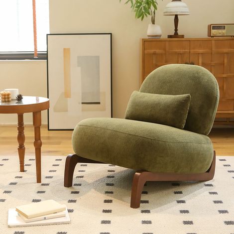 Poltroncina senza braccioli in tessuto verde con gambe in legno massello, sedia d'accento moderna,86,9x72,1x69,9 cm (1/5)