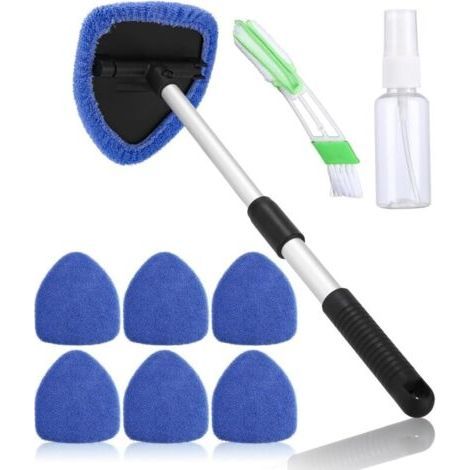 Nettoyant Pare-Brise,Brosse de Nettoyage de Pare-Brise,Nettoyage pare brise intérieur,Nettoyage de Pare-Brise Poignée Télescopique Poignée Pivotante à 180°et 6 Tampons Lavables,Bleu (1/5)