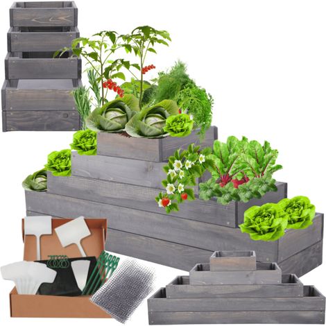 MODO24 ZP09 Carré potager surélevé en escalier modulable, bois de pin, herbes/légumes, jardin/terrasse/balcon, 45x117x30 cm, gris