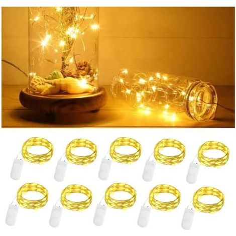 Guirlande Lumineuse LED à Piles, 10×20 pcs Fil Lumineux Avec Pile CR2032 sur 2M Fil Argenté Étanche Micro Fée Lumières,Blanc Chaud (1/5)