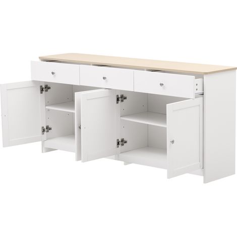 Buffet avec veinage bois blanc, quatre portes, trois tiroirs, pour salon et salle à manger, couleur bois et blanc