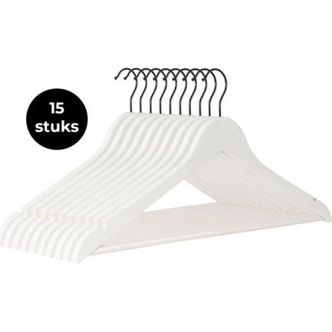 Cintres de luxe - Lot de 15 cintres - Bois traité - 45 x 22 x 1 cm - Laqué - Crochet noir - Blanc (1/5)
