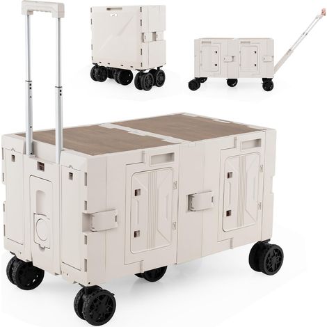 Carrello da spiaggia pieghevole grande con contenitori a 2 livelli, carrello portatile con 5 ruote girevoli e manico telescopico in metallo, bianco (1/5)