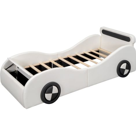 Lit rembourré, lit simple 90x200 cm, lit enfant, lit ado, lit rembourré en forme de voiture avec roues lumineuses et rangement, PU, sans matelas, blanc (1/5)