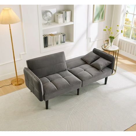 Clic-Clac 2 Plazas en Terciopelo con Respaldo Ajustable 3 Posiciones, Brazos Abatibles y 2 Cojines, Gris Antiguo