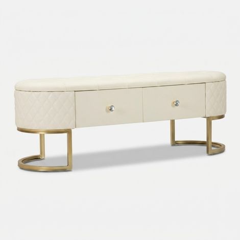Panca Sharon Glam 120x40x43 cm con Cassetti in Simil Pelle Trapuntata Bianco e Oro - Gambe in Metallo Circolari (1/5)