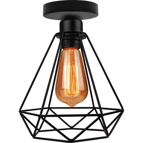Deckenleuchte Vintage, 1 Flammig Deckenlampe im Industri Stil, Art Diamant Lampe mit Käfig für Wohnzimmer Schlafzimmer Esszimmer Schwarz 1PCS