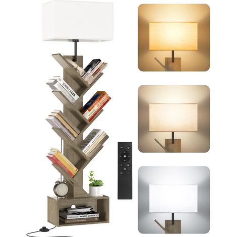 Petite Bibliothèque Arbre en Bois sur Pied avec Éclairage, Étagère à 6 Niveaux avec Télécommande et Minuteur, Meuble d’Angle pour Livres, CD et DVD, pour Salon, Chambre, Bureau (Grey) (1/5)