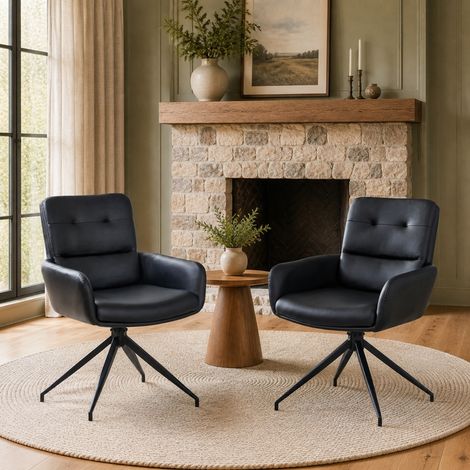 2er-Set drehbare Esszimmerstühle aus schwarzem PU, schwarze Metallbeine, H 85 cm (1/5)