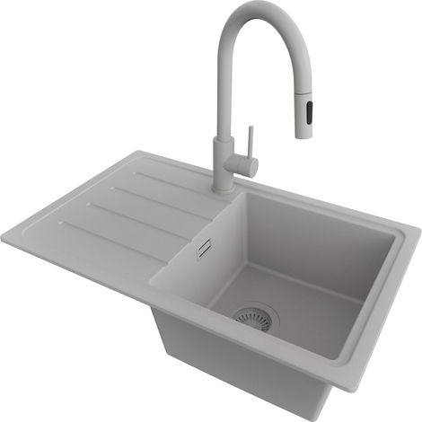 PRIMAGRAN Evier Cuisine en Granit 70x44cm,Lavabo 1 bac + Robinet 40x20cm + Kit de Vidage, Évier à Encastrer au meuble 45cm - Copenhague Easy, Gris (1/5)