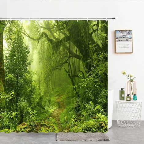 Rideau de douche imprimé en 3D, motif forêt, 180 x 200 cm, imperméable et lavable, avec crochets. Dimensions : L 180 x H 240 cm.