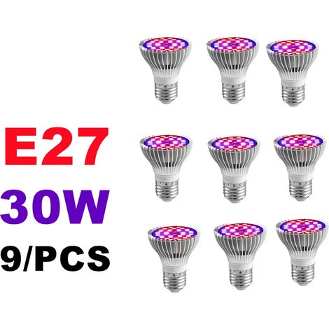 Lampes de croissance pour plantes Ampoule LED de croissance pour plantes (E27 30W, lot de 9) - Spectre complet - Lampe horticole Fitolamp pour serres et cultures hydroponiques.