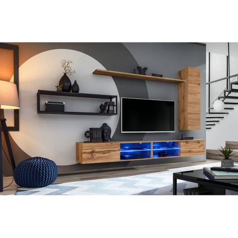 Ensemble meuble TV mural Switch Met IV - L 300 x P 40 x H 170 cm - Marron - Livraison gratuite