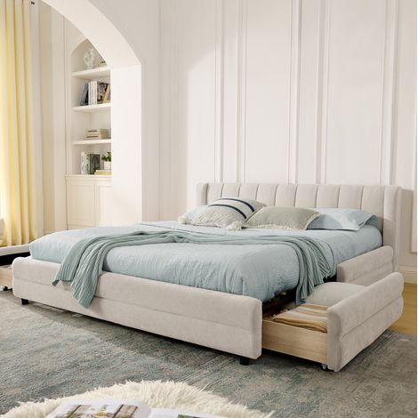 Cama dormitorio con cajones y USB chenilla beige OKMYHOME (1/5)