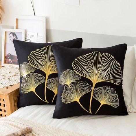 Kissenbezug – 2er-Set – Schwarzer Samt – Ginkgo-Biloba-Muster – Wohnzimmer, Garten, Auto – 40 x 40 cm (1/5)