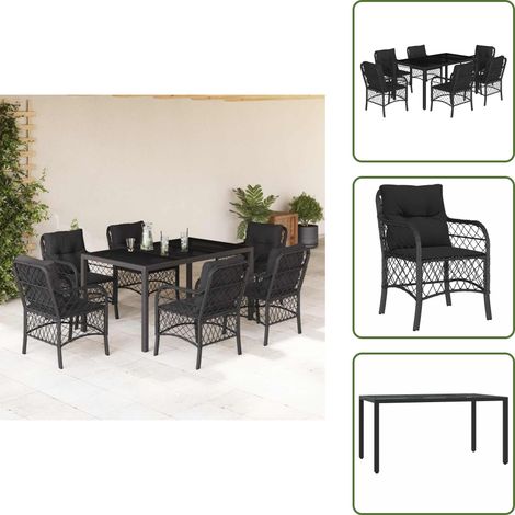 The Living Store 7-tlg. Garten-Essgruppe mit Kissen Schwarz Poly Rattan - Gartentisch - Gartenstuhl - Gartenmöbelset - Esstisch - Outdoor Möbel (1/5)