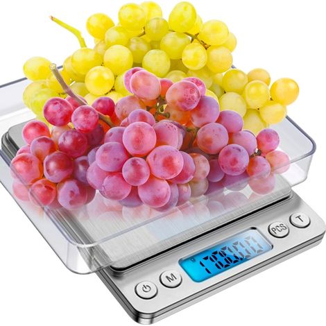Bilancia da cucina elettronica di precisione con display LCD, capacità 2000 g, portata 2 kg, precisione 0,1 g, con 2 ciotole incluse.
