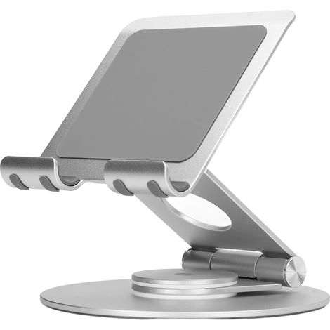Support de téléphone pliable avec rotation à 360 degrés, hauteur réglable, support de bureau en alliage d'aluminium, base stable, compatible avec les ordinateurs portables jusqu'à 17,3 pouces, argent. (1/5)