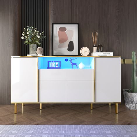 Sideboard MDF et panneaux de particules blanc brillant 150x40x80 cm, 4 portes, 1 tiroir, éclairage LED (1/5)