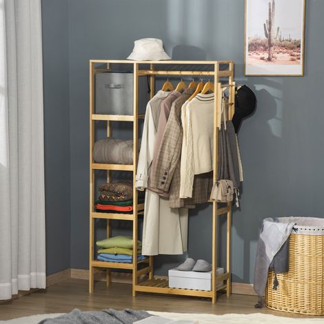 HOMCOM Portant à Vêtements Bambou Penderie Porte-Manteaux avec étagères, Tringle et 2 patères - dim. 90L x 30P x 155H cm