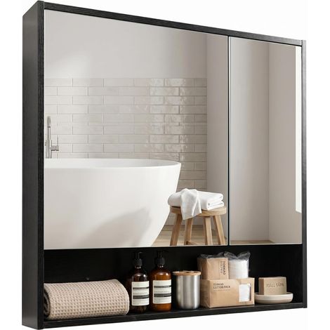 Meuble de rangement salle de bain avec étagère, armoire de salle de bain avec double porte miroir, fixation murale, armoire de rangement pour WC, Noir (1/5)