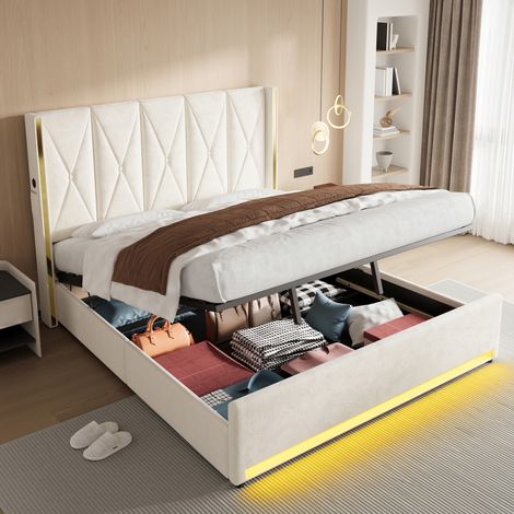 Lit capitonné en velours beige 180x200 cm avec rangements, USB, LED et coffre REDOM (1/5)