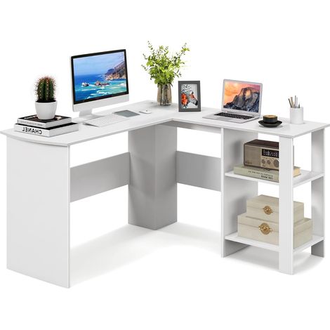 Costway – Bureau d'angle en forme de L 130 x 130 x 74 cm – Table informatique avec étagères de rangement – 2 passe-câbles – Blanc (1/5)